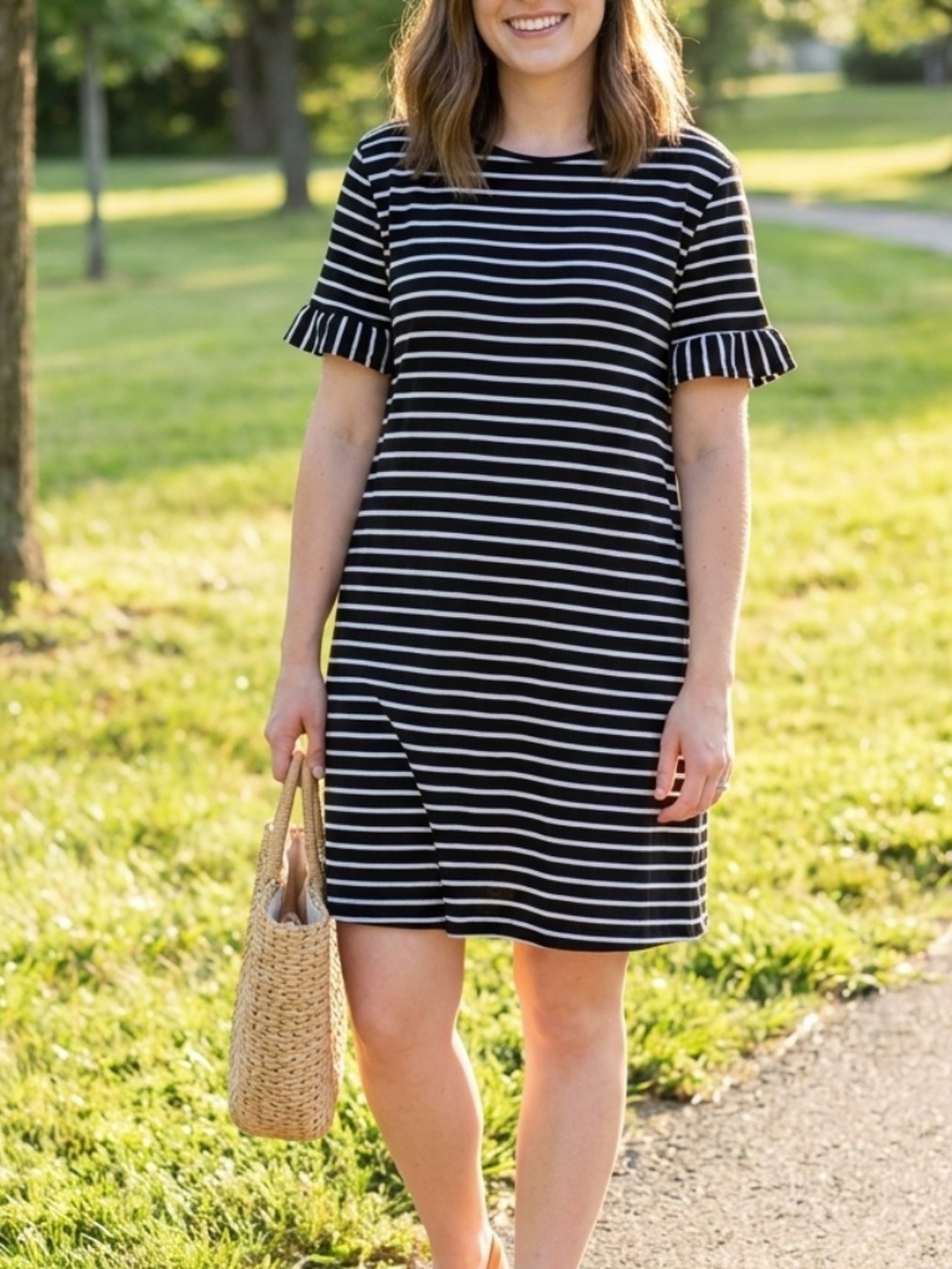 Boutique Black & White Striped Ruffle Sleeve T-Shirt Dress | Size XL